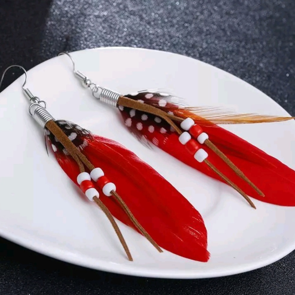 BOHO Red Feather Beaded Festival Earrings